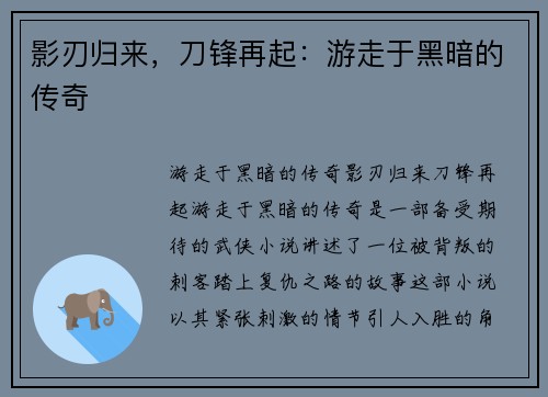影刃归来，刀锋再起：游走于黑暗的传奇